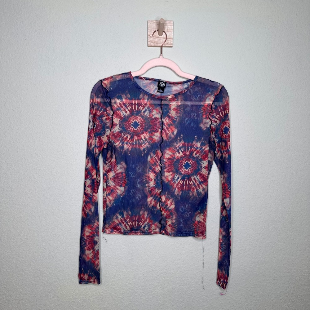 BDG Urban Outfitters Blue Red Tie Dye Mesh Long Sleeve Lettuce Edge Top Large
